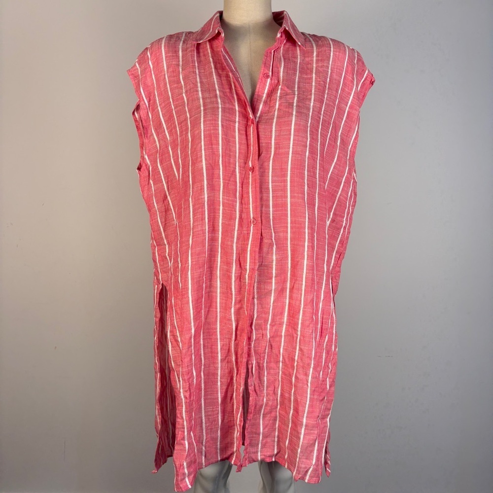 ❤️ Fenomen Pink White Vertical Stripe Tie Front Button Down Shirt Boho Coastal L